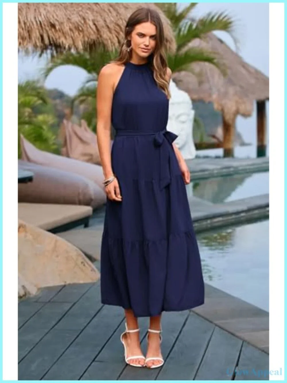 Sleeveless Halter Maxi Dress with Belt - Flowy Tiered Ruffle Boho Sundress